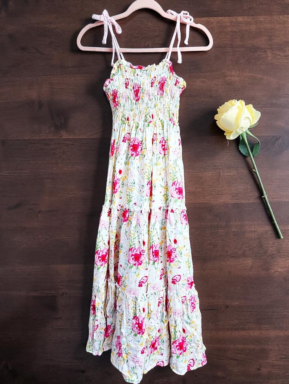 SweetHoney Cotton Floral Beach Maxi Dress Smocked Tiered Tie Straps Size 10Y